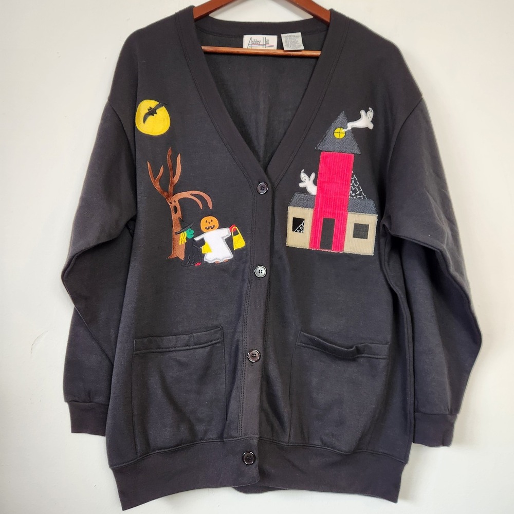 Vintage 90s Halloween Cardigan L Haunted House Ghost Witch Pumpkin Grandmacore